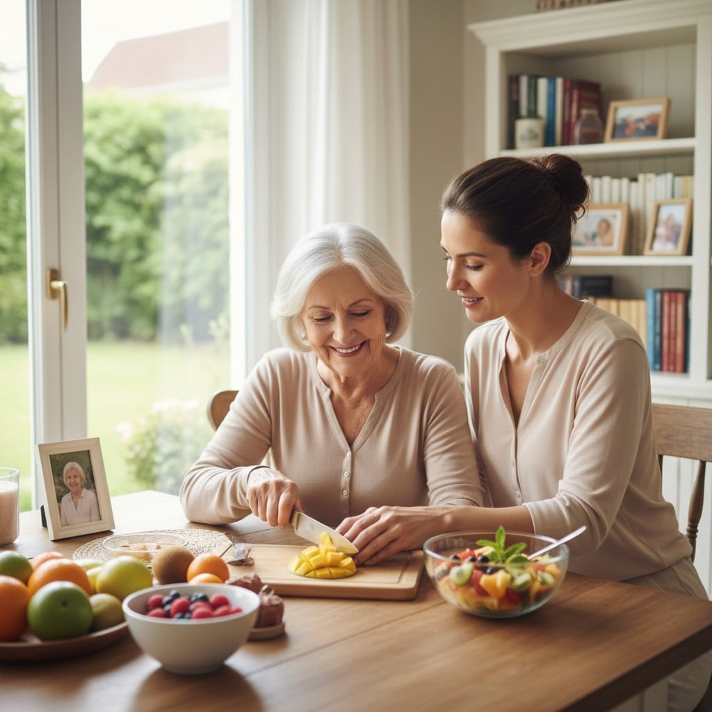 Eine ältere und eine jüngere Frau bereiten in einer hellen Küche gemeinsam Obst zu.