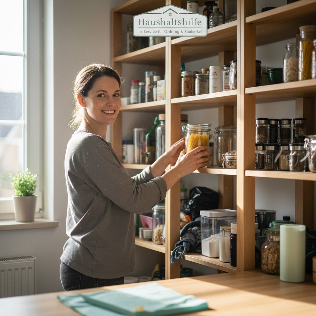 Eine lächelnde Frau steht vor einem großen Holzregal in der Speisekammer und räumt ein Glas mit Nudeln ein.